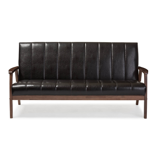 Baxton Studio Nikko Mid-century Dark Brown Faux Leather Wooden 3-Seater Sofa 121-6749